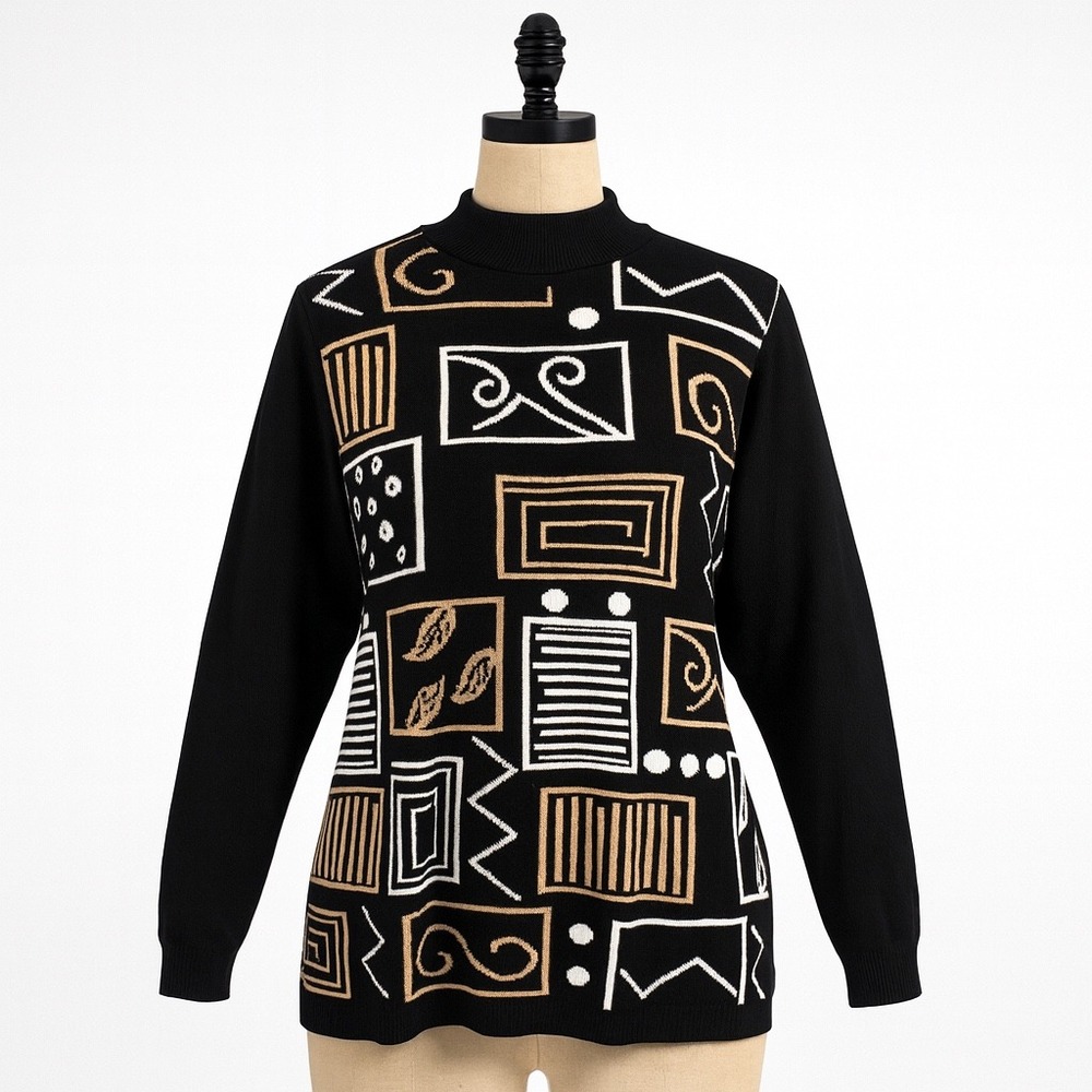 Adeline by Alfred Dunner Sweater Womens L Black Beige Geometric Abstract 90s‎